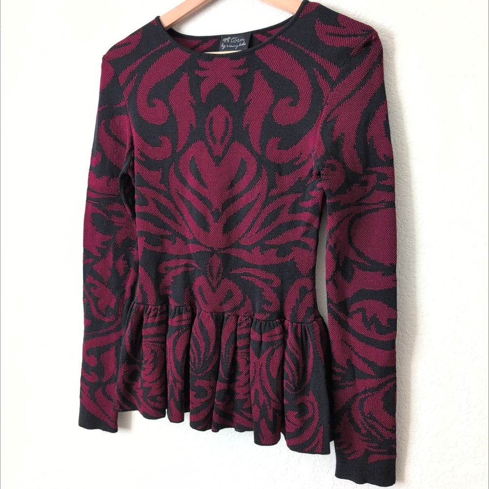 Torn by Ronny Kobo Burgundy Black Scroll Intarsia Knit Peplum Top Sweater Medium